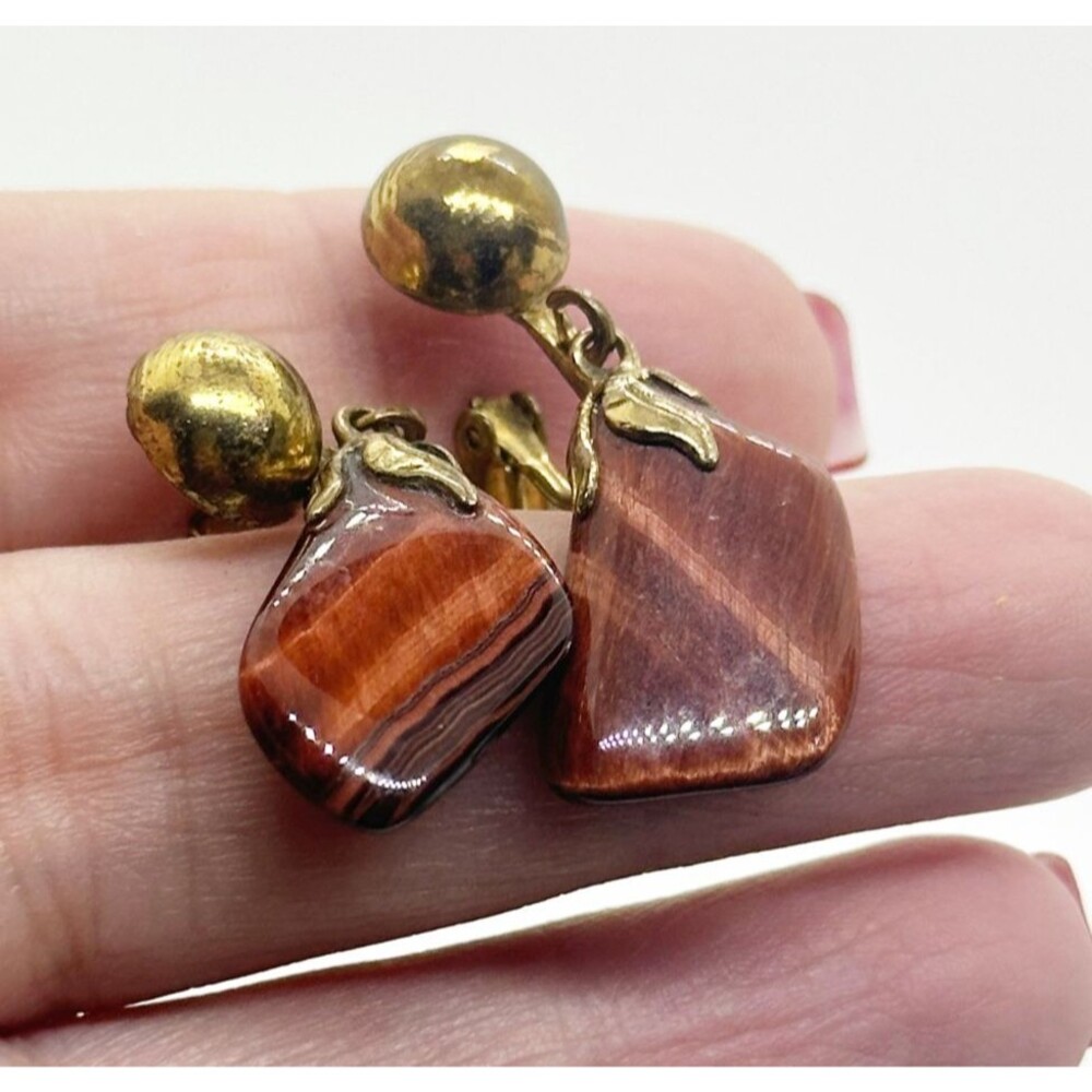 Vintage Tigers Eye Dangle Earrings Brown Gemstone Jewelry Bohemian